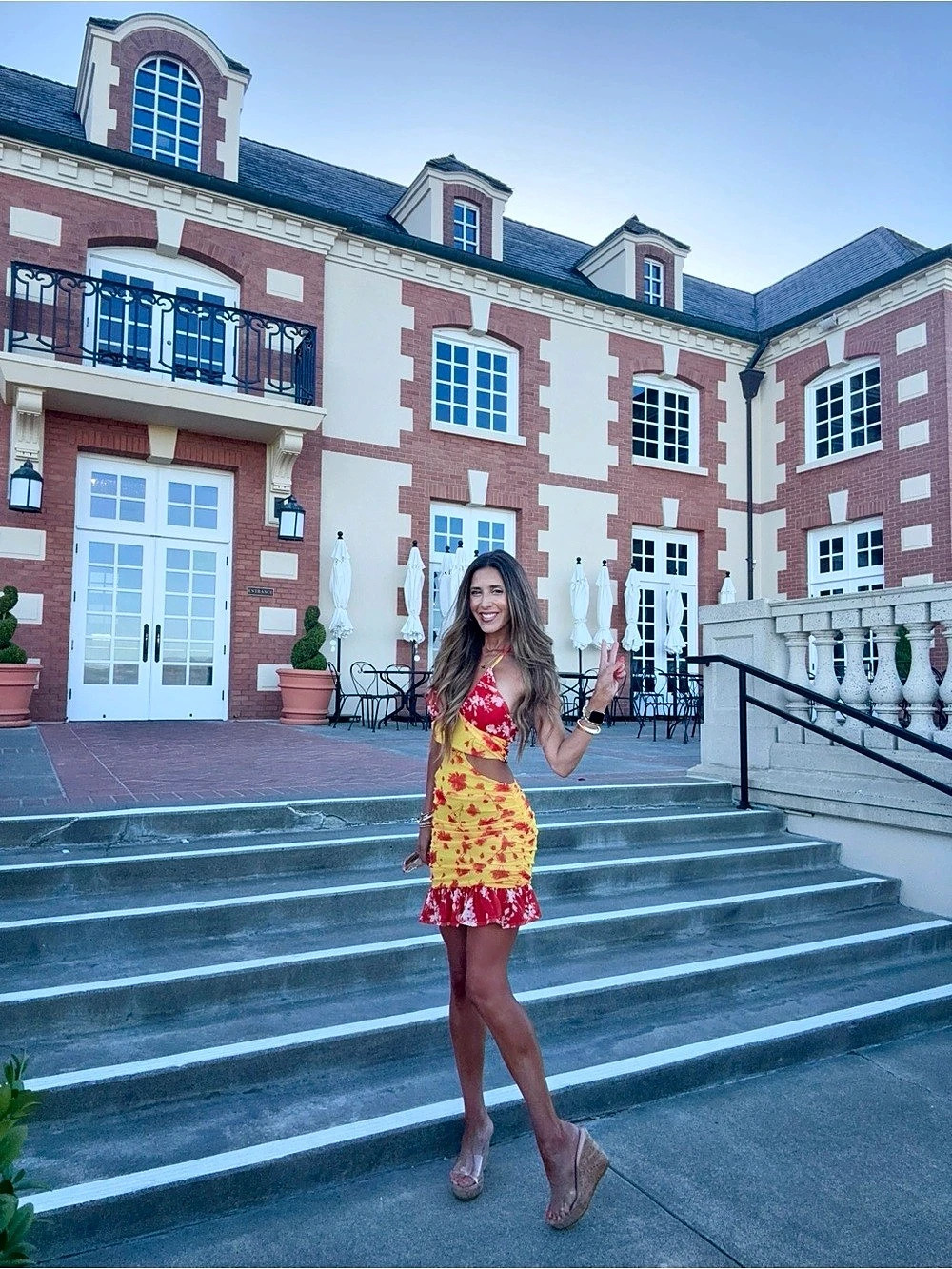 Yellow Base Red Floral Print Chiffon Halter Tie Ruched Flare Mini Dress - Picture 6 of 6